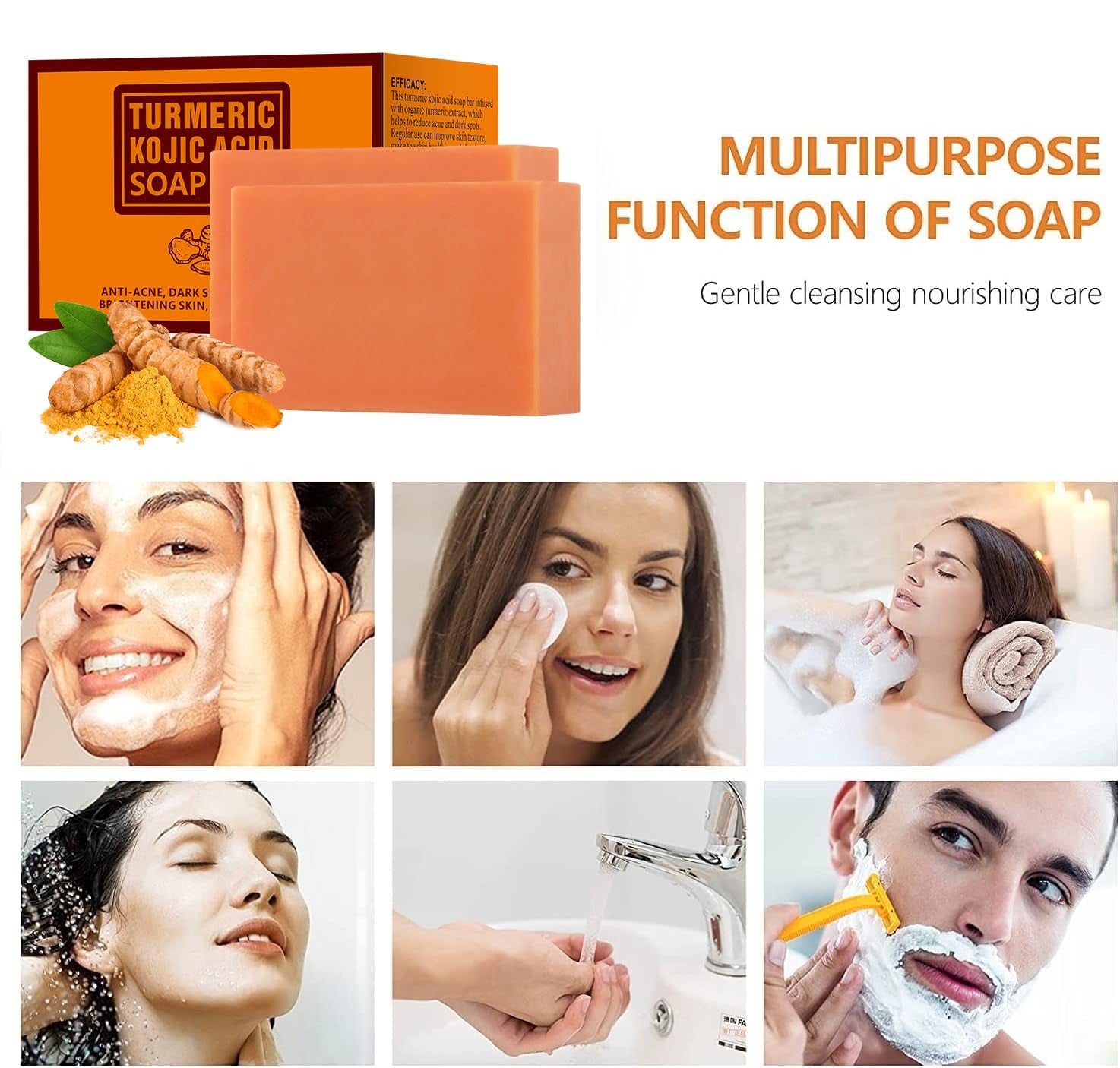 Kojic Acid Soap for Dark Spots, Kojic Acid Soap Skin Brightening, Turmeric Soap Bar for Face and Body, Turmeric Kojic Acid Soap for Acne & Dark Spots, Smooth Skin, Hand Soap Bar,7Oz (2 Bars)